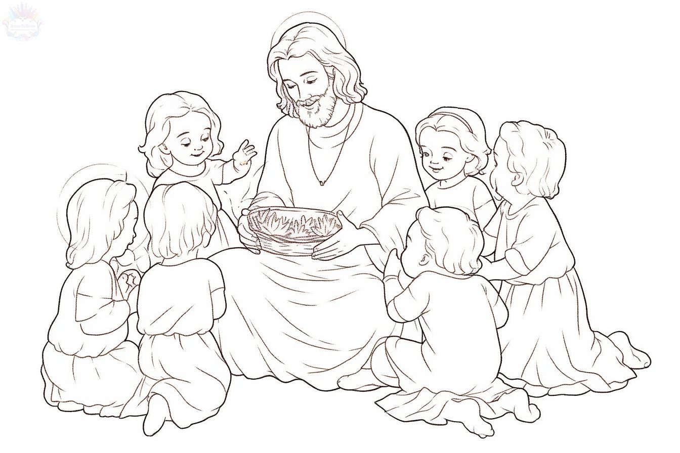 Dibujo lineal de Jesús con una expresión serena, ideal para colorear